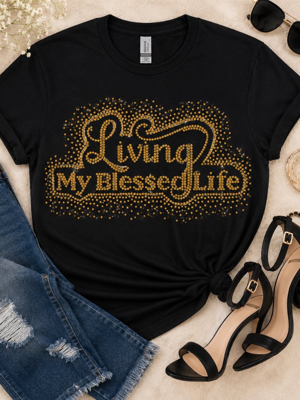 Living My Blessed Life Rhinestone Tee | Christian Graphic Shirt | Faith Based T-